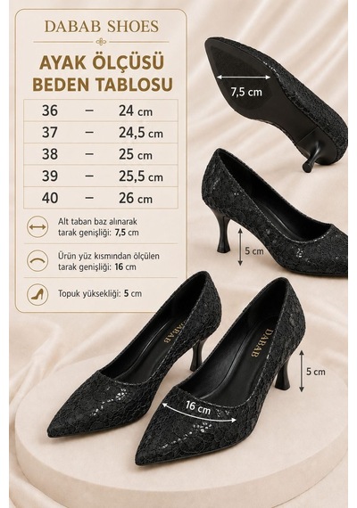 Dabab Shoes Leyla Kadın Siyah Sivri Burun Dantel Desenli 5 Cm İnce Topuklu Stiletto Ayakkabı