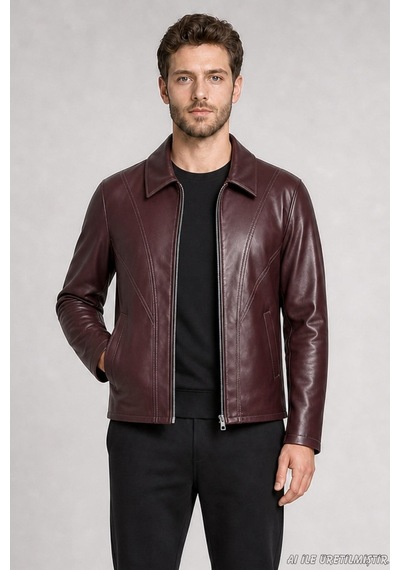 Freemen Erkek Fermuarlı Regular Fit İçi Kürklü Suni Deri Ceket-418 Bordo