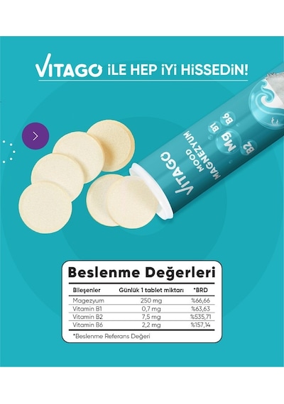 Vitago Mood Magnezyum Vitamin B1 Vitamin B2 ve Vitamin B6 İçeren Takviye Edici Gıda﻿﻿ 20 Efervesan Tablet