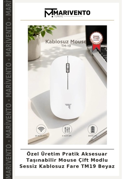 Özel Üretim Pratik Aksesuar Taşınabilir Mouse Çift Modlu Sessiz Kablosuz Fare Tm19 Beyaz