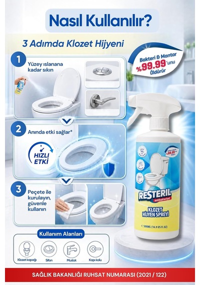 Tuvalet Temizleyici Hızlı Etkili Dezenfektan Sprey Klozet Kapağı Temizleyici Alkolsüz Hipokloröz Asit Tuvalet Koku Giderici Küf Önleyici 500ml