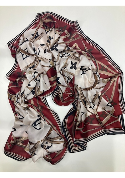 Miorel Scarfs Yeni Sezon Lv Kemer Desen Vual İpek Şal Yeni Sezon Silk Scarfs Shawl Hijab Fular Bej - Bordo
