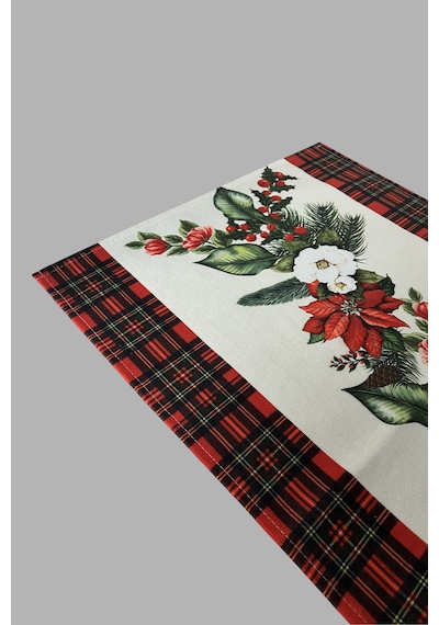 Masa Örtüsü Runner Yılbaşı Temalı Çiçek Desenli 140x40 Raşel Örme Kadife Dijital Baskı Çok Renkli