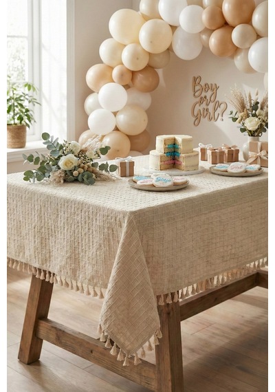Organizasyon Monika Püsküllü Masa Örtüsü - Baby Shower, Doğum Günü, Nişan Bohem Vintage Buldan Örtü Bej