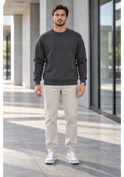 Polo State Erkek Bisiklet Yaka Oversize Dikiş Detaylı Basic Sweatshirt - Antrasit