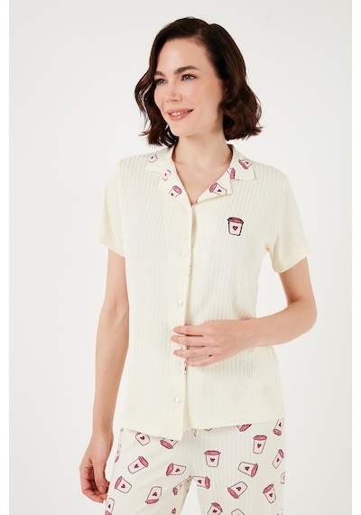 Lela Regular Fit Gömlek Yaka Kısa Kollu Bayan Pijama Takımı 65740102 Bej-Pembe