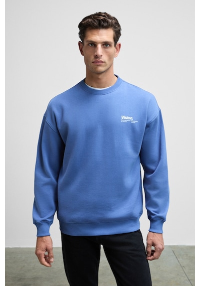 Grimelange Ernest Erkek Organik Pamuklu Yumuşacık Baskı Detaylı Bisiklet Yaka İçi Polarlı Açık Mavi Sweatshirt