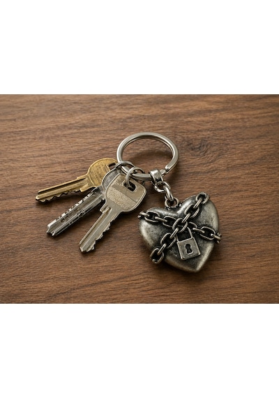Gotik Kalp Kilit Zincirli Metal Anahtarlık Unisex Gümüş Renk