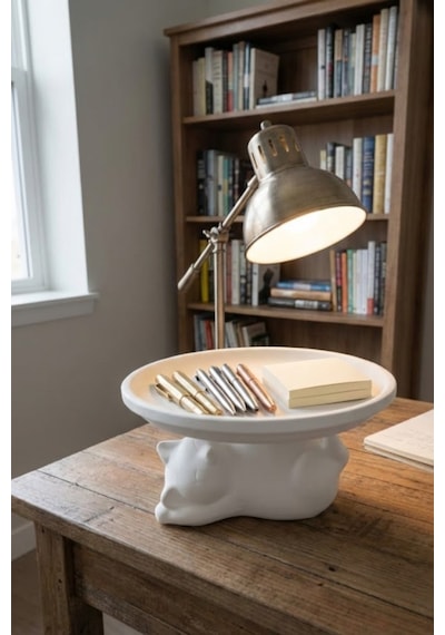 Dekoratif Beyaz Kedi Figürlü Takı, Sunumluk, Tatlı Tabağı, Masaüstü 17 Cm Çap Organizer, Mumluk 14 X 14 Cm