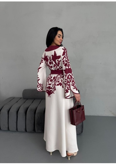 Wellway Atlas Kumaş Mendil Kol Çiçek Desenli Elbise Kemer Dahildir -bordo-2507 Bordo
