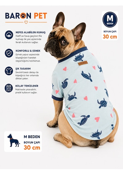 Köpek Tişörtü M Beden Boyun Çapı 30 Cm Kaplumbağa Kalp Desenli Kısa Kollu - Bebe Mavi