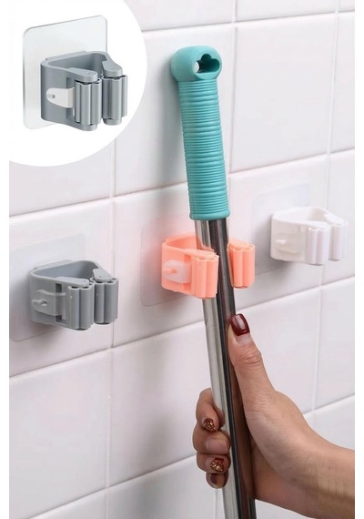 4 Lü Set Kendinden Yapışkanlı Mop Ve Süpürge Tutucu Delmeden Duvar Organizeri, Güçlü Yapışkanlı Banyo Ve Mutfak Sopa Tutucu, Kaymaz Silikon Tutucu Duvar Askısı Aahşap