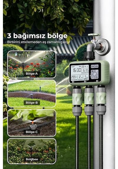 3 Çıkışlı Akıllı Bahçe Sulama Zamanlayıcısı Yağmur Geciktirme Ve Ip55 Su Geçirmez