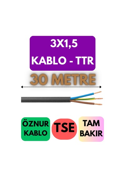 Öznur 3x1,5 Ttr Kablo Metre Seçenekli Siyah - 30 Metre