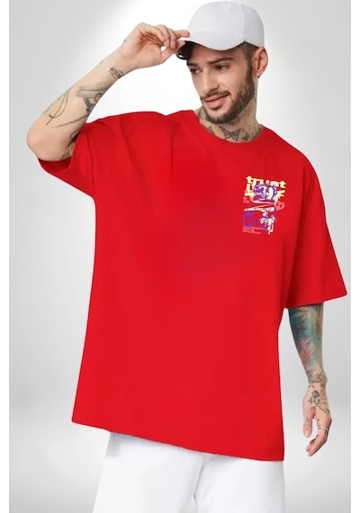 Yeni Umut Kırmızı Oversize Unisex Ön Ve Sırt Baskılı Tişört Kırmızı