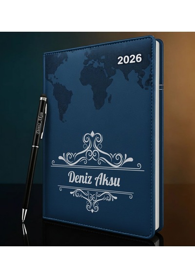 Bk Gift Kişiye Özel İsimli Termo Sert Kapak 2026 Lacivert Ajanda & Kalem -2, Öğretmenler Günü Hediyesi, Yeni İş Hediyesi 35320 Bk Gift Renkli