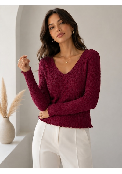 Sortie Collection V Yaka Bürümcük Detaylı Uzun Kollu Bluz Bordo
