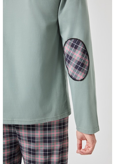 Erkek Pamuklu Uzun Kollu Yamalı Ekose Desenli Pijama Takımı Ko60104 Yeşil