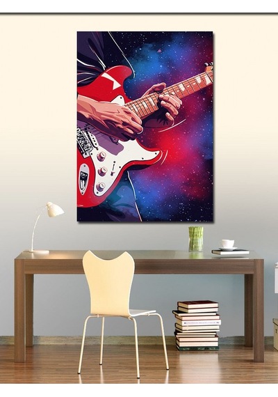 Kanvas Tablo Kırmızı Gitar Ve Kozmik Arka Plan 70cmx100cm