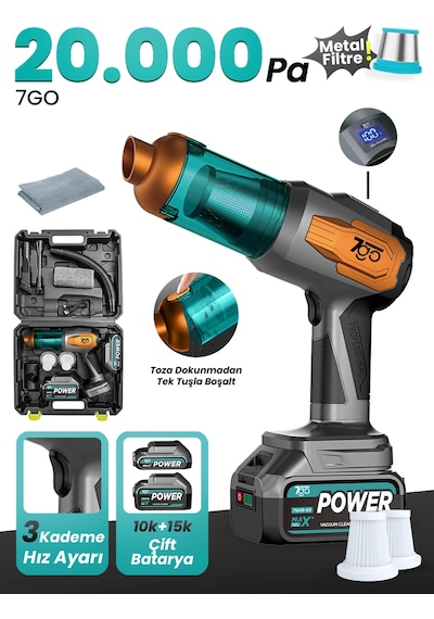 7go 7gab-03 Şarjlı Kablosuz Araç Süpürgesi Gri 20000pa Güçlü Emiş Fırçasız Motor Üfleme & Vakum