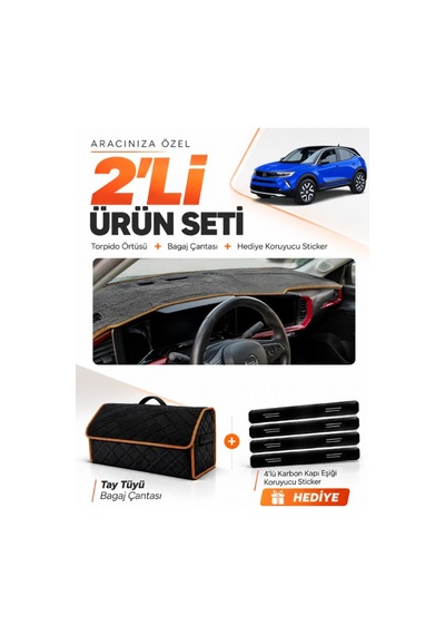 Opel Mokka 2020-2025 Uyumlu Torpido Örtüsü + Tay Tüyü Bagaj Çantası + Sticker - Siyah Kahverengi