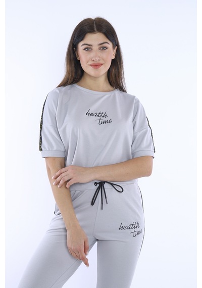 Kadın-alt-üst T-shirt Takım, Rahat Kesim-3826 - S Gri