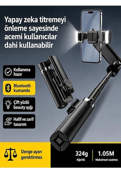 Bluetooth Kumandalı Gimbal Sabitleyici 102cm Selfie Çubuğu Ve Tripod Yatay Ve Dikey Eksenli Işık Takılabilir