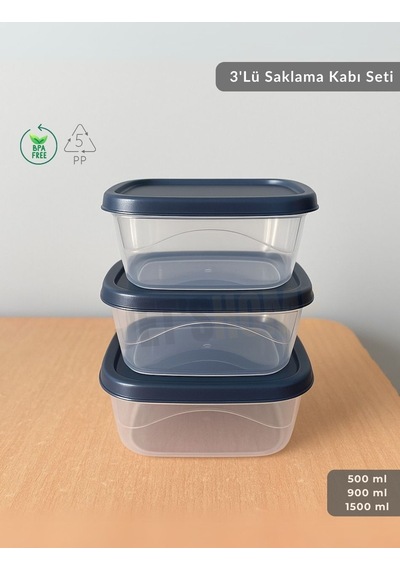 3'lü Saklama Kabı Seti Kare Erzak Kabı Bpa Free Derin Dondurucu İçin Uygun 500-900-1500 Ml Şeffaf