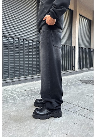 Flaw Eskitme Detay Çizgili Baggy Jean Siyah Siyah