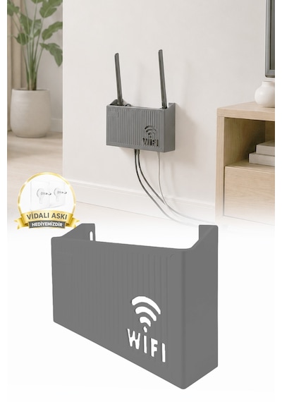 Duvara Asılabilir Wifi Vidalı Askı Yapışkanlı Modem Kutusu WiFi Router Rafı 25x15x6cm