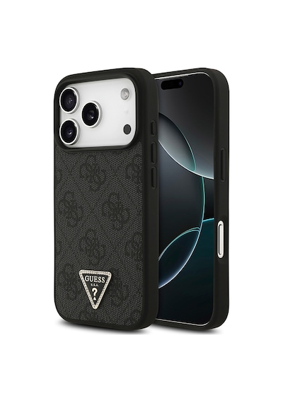 Apple iPhone Uyumlu 18 Pro Kılıf Guess Lisanslı M-safeli Pu Deri Taşlı Üçgen Logo 4g Desenli Strass Kapak Siyah