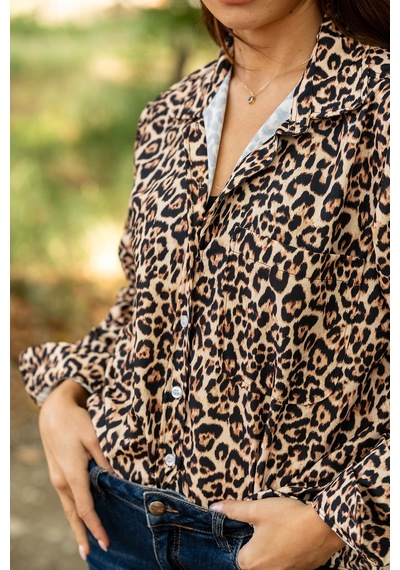 Verdeblanco Leopar Desenli Dijital Baskılı Uzun Kollu Relax Gömlek Leopar