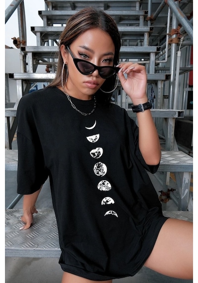 Unisex Moon Phases Baskılı T-shirt Siyah
