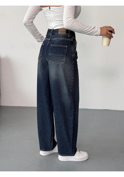 Kadın Mavi Eskitmeli Skater Fit Yüksek Bel Pantolon Lacivert-tintli