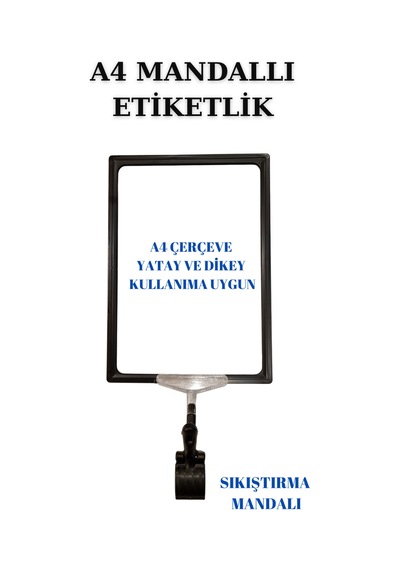 6 Adet Siyah Beyaz A4 Mandallı Sepet Etiketi Çerçeveli Etiketlik Siyah Beyaz