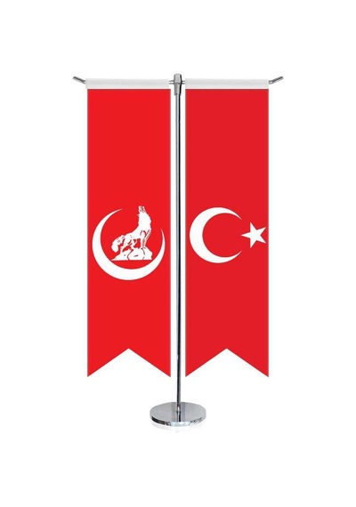 Kırmızı Hilal Bozkurt Bayrağı Ve Türkiye - Kırlangıç - Saten T Direk 2li Masa Bayrağı 1