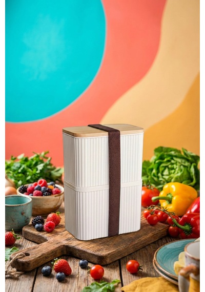 Makri Home Bambu Kapaklı 2 Katlı Saklama Kabı Seti - 2x1 Litre Krem