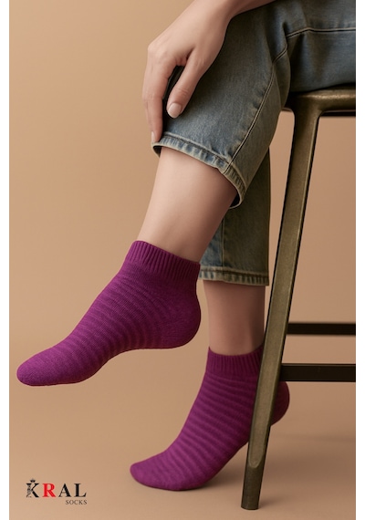 Kral Socks Kadın Patik Çizgili Kabartma Ters Havlu Penye 6 Çift Karışık Renk Kısa Çorap ASORTİ