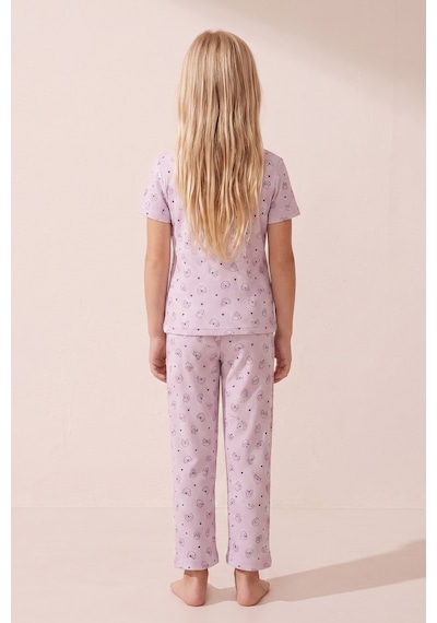 Siyah İnci Pamuklu Fitilli Kaşkorse Örme Pijama Takım 26120402 Lila Kedi