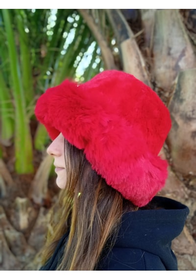 Shopiolog Pofidik Peluş Şapka Kışlık Suni Kürk Kalpak Kımızı Kova Şapka Kırmızı