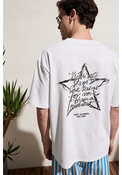 Grimelange Calıdo Erkek Organik Pamuklu Baskı Ve Nakışlı Bisiklet Yaka Oversıze Beyaz T-shirt Beyaz