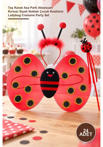 24 Adet Uğur Böceği Kostüm Seti Taç Kanat Asa Parti Aksesuarı Kırmızı Siyah Noktalı Çocuk Kostümü Ladybug Costume Party Set "