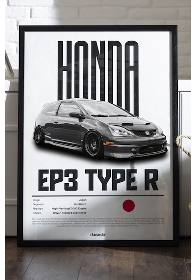 Honda Ep3 Type R Araba Siyah Ahşap Çerçeveli Poster, Dekoratif Duvar Tablosu