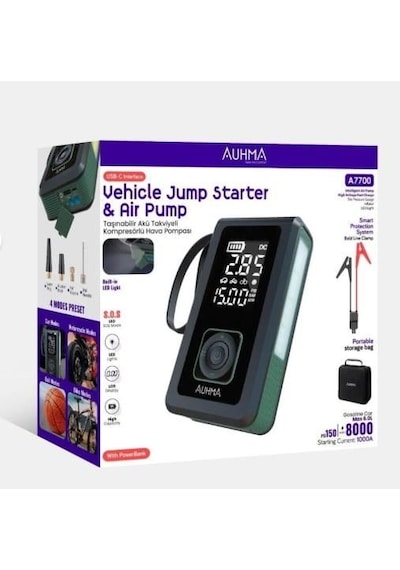 Auhma A7700 4'ü 1 Arada Akü Takviye, Şarjlı Hava Pompası, Powerbank Ve Dijital Fener