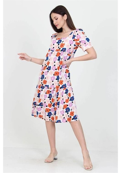 Dip Moda Kadın Kare Yaka Çiçek Desenli Viskon Elbise Dpnb10026 Pudra