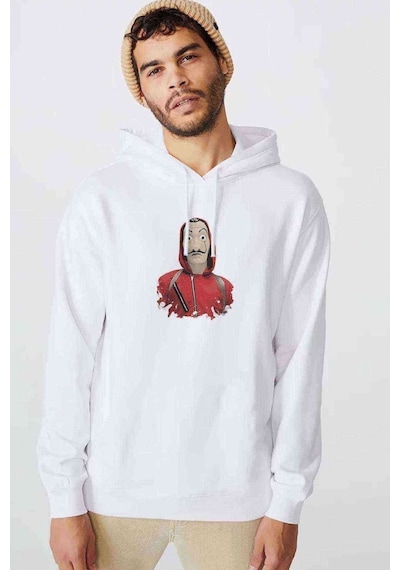 La Case De Papel Baskılı Beyaz Erkek Örme Kapşonlu Sweatshirt (531047028)
