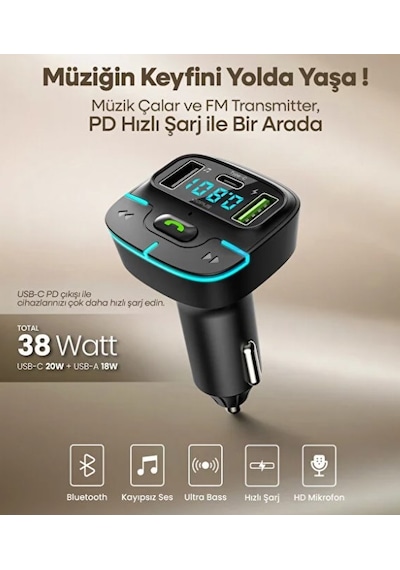 Araç Müzik Çalar Fm Transmitter F9 Bluetooth Araç Kiti Usb Type-c Hızlı Şarj Çıkışlı Çakmaklık Şarj