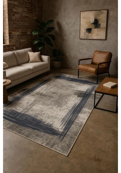 Gri Zemin Mavi Çerçeve Modern Halı Dekoratif Kilim Gri