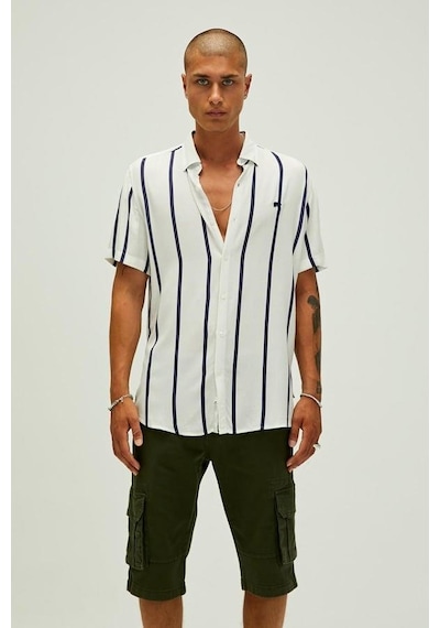 Bad Bear Sergio Shirt 21.01.30.015b Beyaz Kısa Kollu Çizgili Erkek Gömlek Beyaz