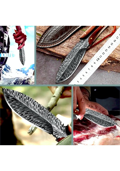 Omeniv Damaskus Efekt Aykırı Çakı Bıçak Deri Kılıf Outdoor Kamp Kahverengi